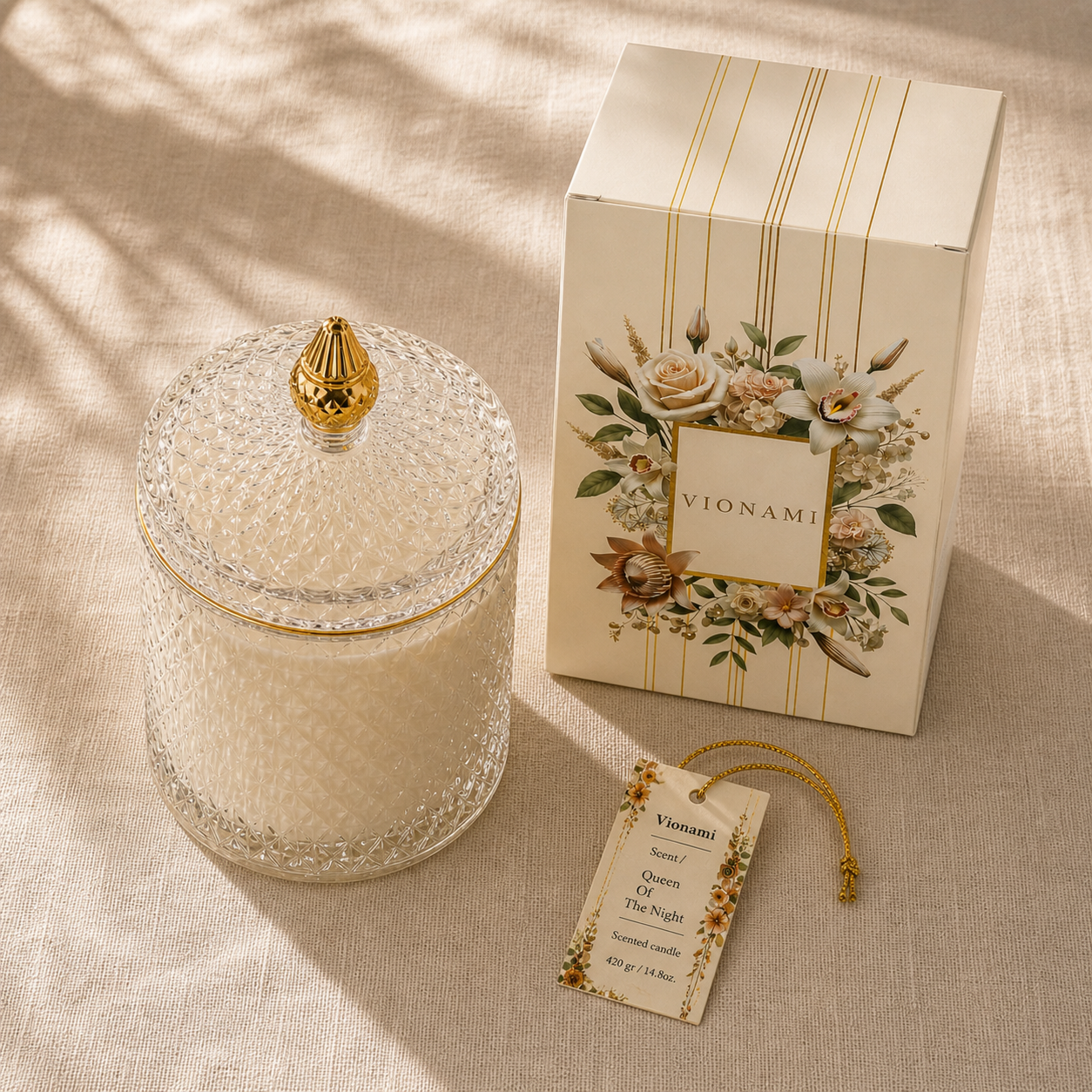 Luxury candle gift box for women — Queen of the Night birthday and anniversary gift packaging by Vionami