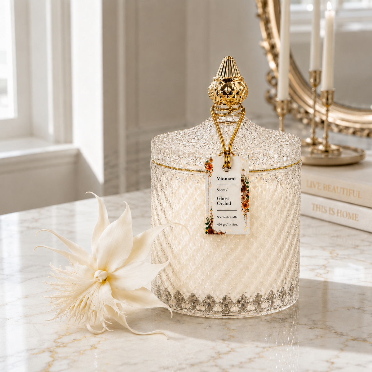 Luxury floral soy candle styled with white orchid on marble — Ghost Orchid by Vionami