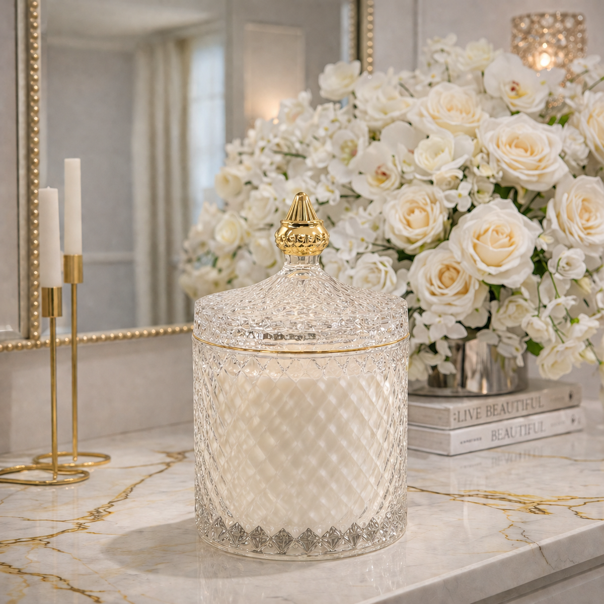 Luxury scented candle styled on marble vanity with fresh white roses — Vionami home decor