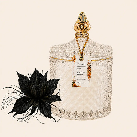 Luxury scented soy candle in diamond-cut glass jar with gold finial — Black Bat Flower by Vionami, 14.8 oz