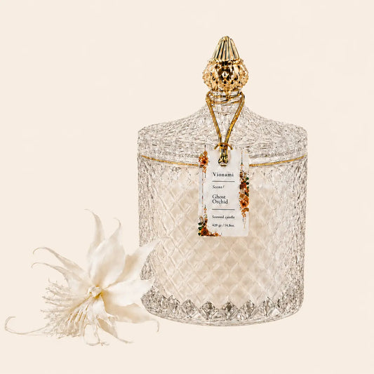 Luxury scented soy candle in diamond-cut glass jar with gold finial — Ghost Orchid by Vionami, 14.8 oz