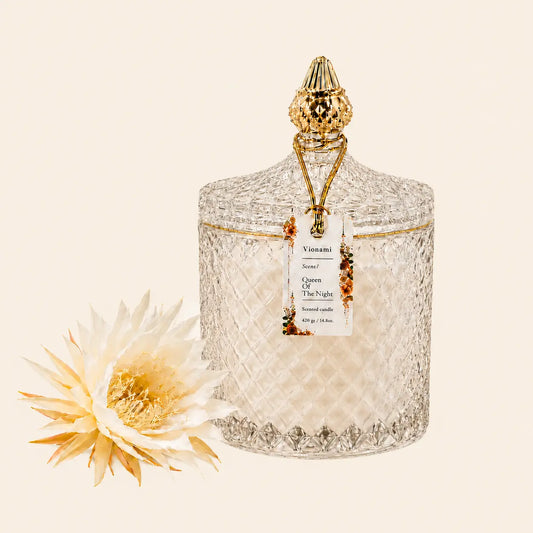 Luxury scented soy candle in diamond-cut glass jar with gold finial — Queen of the Night by Vionami, 14.8 oz