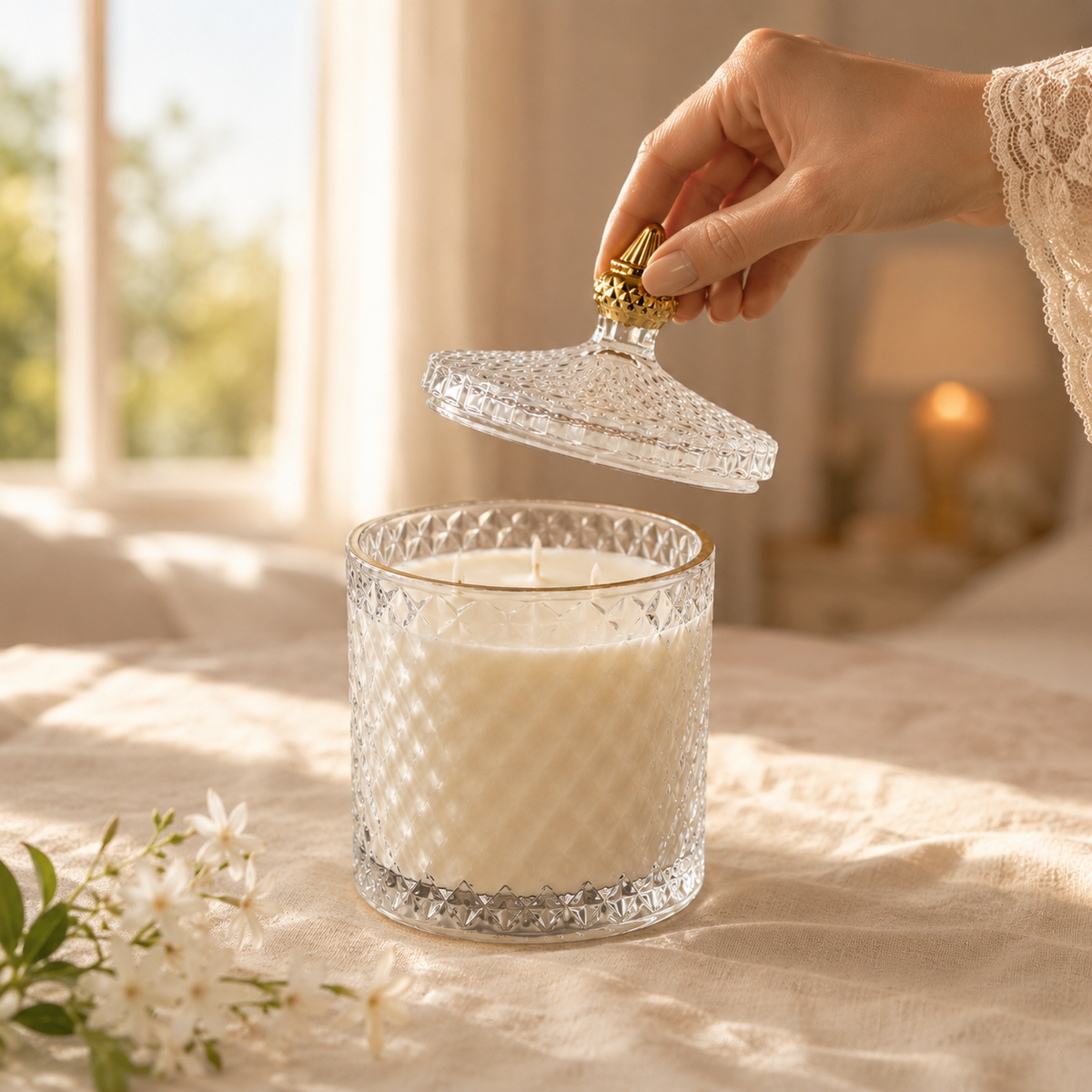 Luxury three-wick soy candle being opened in a sunlit bedroom — Vionami 14.8 oz scented candle