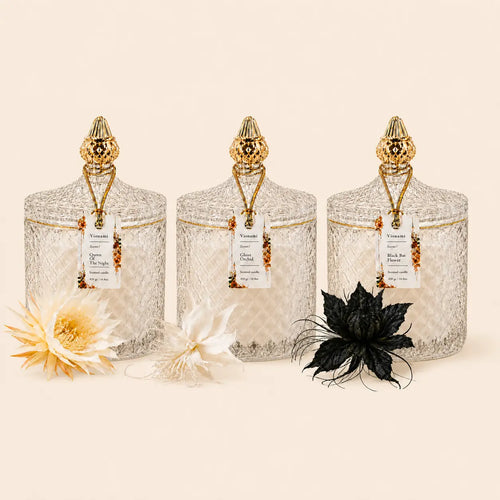Vionami Rare Flower Trio luxury candle collection in diamond-cut glass jars with gold lids — Queen of the Night, Ghost Orchid, Black Bat Flower